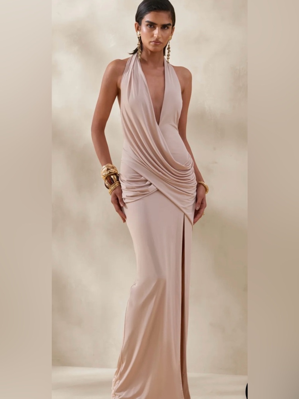 Club L London Champagne Plunge-Neck Wrap Maxi Dress